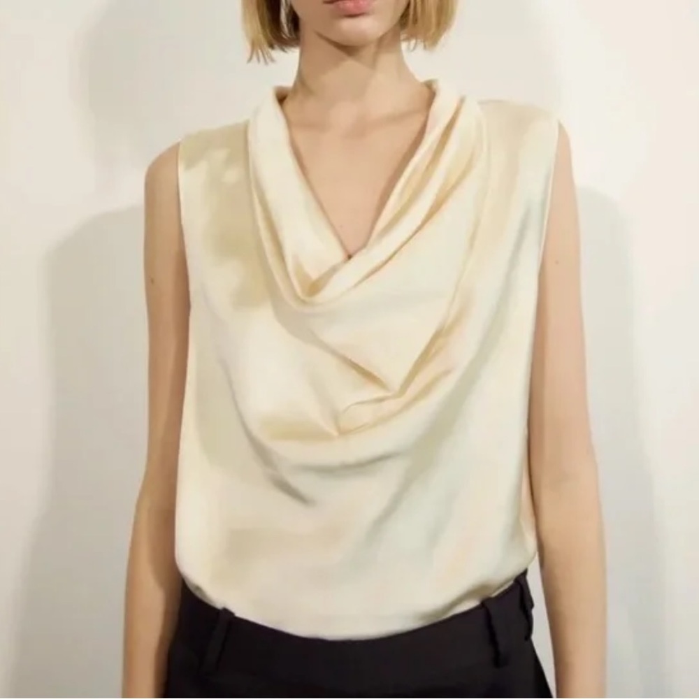 Zara Fluid Neckline Satin-Effect Blouse Top Women's Size L Soft Gold